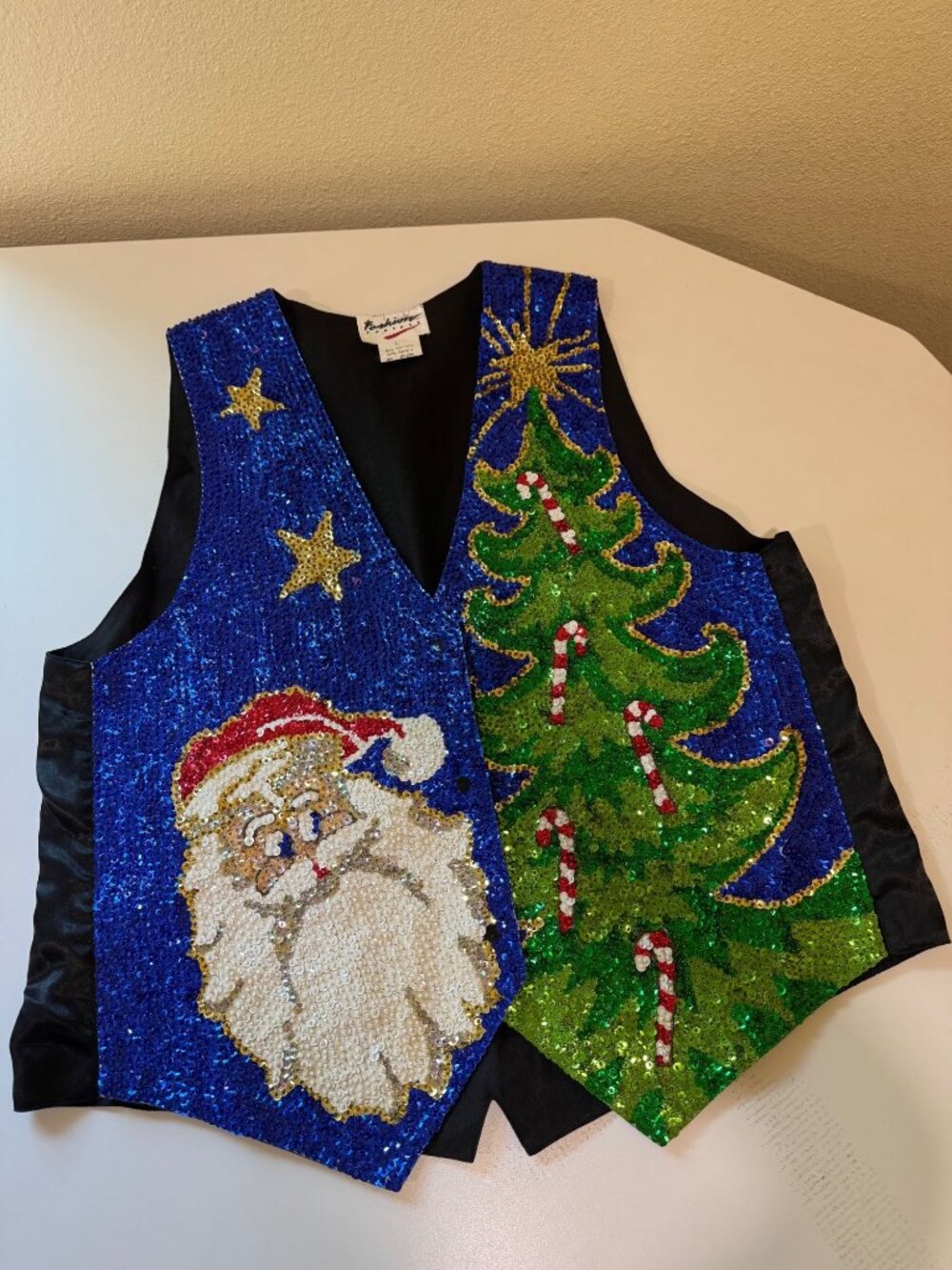 Festive Sequin Christmas Vest W/ Santa Tree & Candy Cane Design - Fashion Fantas